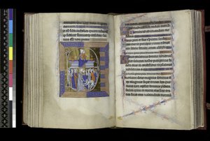 MS 300 f.177v-178r, मैटिन्स, वर्जिन और चाइल्ड बेंच (ऊपर) पर दो फूलदानों के बीच बैठे हैं; क्राइस्ट का विश्वासघात, यहूदा के साथ क्राइस्ट को चूमना, और सेंट पीटर ने माल्चस के कान (नीचे), फ्रांस, पेरिस के इसाबेला के स्तोत्र और घंटे से काट दिया, c.1265-70 (कलम औ द्वारा फ्रेंच स्कूल