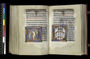 MS 300 f.198v-199r, सफ़रेज टू द क्रॉस एंड सफ़रेज टू एन्जिल्स, द स्तोत्र और इसाबेला ऑफ़ फ़्रांस, पेरिस के घंटे, c.1265-70 (चर्मपत्र पर कलम और स्याही और तापमान) द्वारा फ्रेंच स्कूल