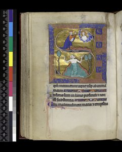 MS 300 f.70v, डेविड ईश्वर से प्रार्थना करता है (ऊपर), डेविड पानी में डूबता है (नीचे), फ्रांस, पेरिस के इसाबेला के स्तोत्र और घंटे से, c.1265-70 (चर्मपत्र पर कलम और स्याही और स्वभाव) द्वारा फ्रेंच स्कूल