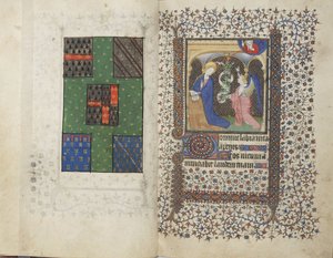 MS Widener 4, ff.26v-27r, कोट ऑफ आर्म्स एंड द एनाउंसमेंट, फ्रॉम अ बुक ऑफ आवर्स, यूज ऑफ रेनेस, c.1405 (वेलम पर पेन एंड इंक एंड टेम्परा) द्वारा फ्रेंच स्कूल