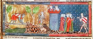 एम। 806 f.166 लैंसलॉट ने रोमन डी लैंसलेट डू लाक, 1344 से एक तेज तलवार से पार की गई नदी को पार करके गाइनवेर् के अपने प्रेम को साबित किया। द्वारा फ्रेंच स्कूल