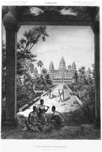अंगकोर वाट का मुख्य पहलू, इंडोचाइना में अन्वेषण की यात्रा के एटलस से चित्रण, 1866-68 में डोडार्ट डी लाग्री द्वारा प्रकाशित, 1873, पेरिस, हैचेते प्रकाशित द्वारा फ्रेंच स्कूल