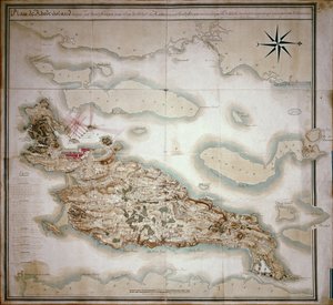 जीन-बैप्टिस्ट डे विमेउर (1725-1807) रोशाम्बेऊ के आदेश पर फ्रांसीसी सेना द्वारा 1780-81 के कब्जे के समय रोड आइलैंड का मानचित्र