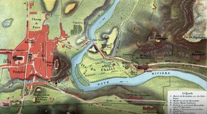 1877 में लूर्डेस देश का नक्शा: यह बर्नाडेट सोबिरस के घर का स्थान दिखाता है, वह गुफा जहां उसने वर्जिन मैरी, साथ ही बेसिलिका, कार्मेलाइट्स और बेनिदिक्तिन के मठ और एपिस्कोपल पैलेस को देखा होगा। हाई पाइरेन द्वारा फ्रेंच स्कूल