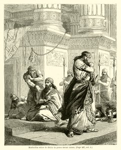 मर्दोची ने अमन के सामने घुटना मोड़ने से मना कर दिया (उत्कीर्णन) द्वारा फ्रेंच स्कूल