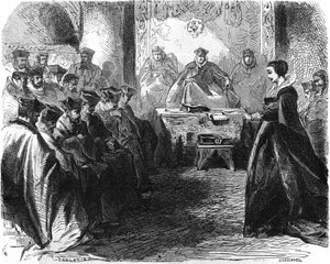 1587 में अपने फैसले के दौरान मैरी स्टुअर्ट (1542 = 1587)। "" हिस्टोइरे डे ला फ्रांस" में, 19 वीं शताब्दी का उत्कीर्णन। द्वारा फ्रेंच स्कूल