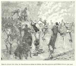 एक मध्ययुगीन फ्रांसीसी शहर (उत्कीर्णन) की सड़कों पर एक त्योहार मनाते हुए, कानून क्लर्कों के एक गिल्ड, बसोचे के सदस्य द्वारा फ्रेंच स्कूल