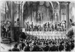 सैन्य भर्ती: पेरिस में होटल डी विले के सेंट जीन रूम में 1858 के सिपाहियों के लिए बहुत सारे ड्रा। १३ फरवरी १८५८ के n°४४ में "" ले मोंडे इलस्ट्रेटे"" में उत्कीर्णन। द्वारा फ्रेंच स्कूल