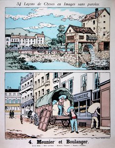 मिलर और बेकर, एक प्राथमिक विद्यालय की पाठ्यपुस्तक का चित्रण, c.1900 (रंग लिथो) द्वारा फ्रेंच स्कूल