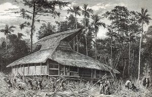 डोजिंगा, न्यू गिनी में मस्जिद, द वर्ल्ड टूर पत्रिका, 1879 से चित्रण द्वारा फ्रेंच स्कूल