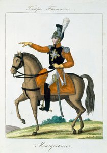 फ्रेंच ट्रूप्स, पब से घुड़सवार मस्कटियर। बैसेट, पेरिस में, c.1790 द्वारा फ्रेंच स्कूल