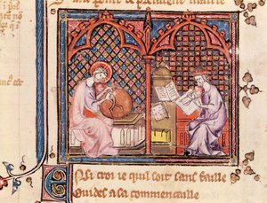 Ms 1044 Fol.16v द वर्ड, द क्रिएटर ऑफ द वर्ल्ड एंड द ऑथर राइटिंग हिज बुक, फ्रॉम मोरेलिस फ्रॉम च्रीटियन लेगॉइस द्वारा फ्रेंच स्कूल