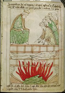 Ms 108 fol.213 सेंट लॉरेंस की शहादत 258 AD में, एक बाइबिल से द्वारा फ्रेंच स्कूल