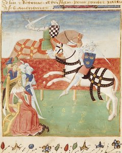 सुश्री 527 fol.40v किंग डू से पहले दो शूरवीरों का टकराव, रोमन डु सेंट ग्रेगल से द्वारा फ्रेंच स्कूल