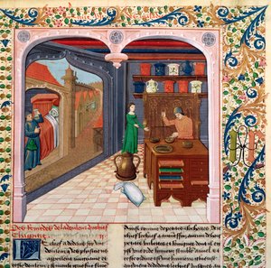 Ms Fr 218 fol.111 एक मरीज अपने बिस्तर में और एक एपोथेकरी तैयार करने वाली दवाई, द बुक ऑफ प्रॉपर्टीज़ ऑफ़ प्रॉपर्टीज़ ऑफ़ बर्थेलेमी लैंसन द्वारा फ्रेंच स्कूल