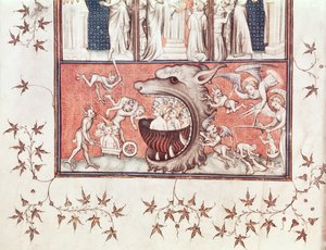 सेंट ऑगस्टीन (354-430) द्वारा 'द सिटी ऑफ गॉड' से सुश्री Fr 22912 Fol.2v डिटेल ऑफ हेल, राउल डी प्रेस्ल्स द्वारा अनुवादित (1316-82) c.1400-50 (वेल्लम) द्वारा फ्रेंच स्कूल