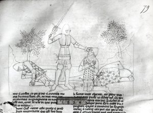 Ms Fr 343 f.79 लैंसलेट डू लाक से युद्ध के मैदान में एक शूरवीर द्वारा फ्रेंच स्कूल