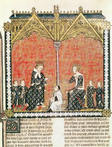 सुश्री Fr 437 fol.1 किंग चार्ल्स वी (1338-80) और जीन डे डी बोरबन (1338-77) अपने बच्चों के साथ, गिलियूम डूरंड (1230-96) 1374 द्वारा तर्कसंगत देस कार्यालय से