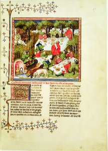सुश्री फ्र 616 fol.67 शिकारी शिकार करने से पहले दावत दे रहे हैं, लिवर डे ला चेज़ से गैस्टन फेबस डी फिक्स (1331-1391) द्वारा द्वारा फ्रेंच स्कूल
