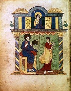 Ms Lat 8878 fol.1v यीशु ने सेंट मैथ्यू को सुसमाचार प्रस्तुत करते हुए, लीबाना के अस्टुरियन भिक्षु बीटस द्वारा सर्वनाश पर एक टिप्पणी से (c.776) c.1028-72 (वेल्लम) द्वारा फ्रेंच स्कूल