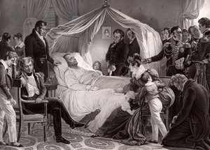 चार्ल्स डे स्टुबेन की एक पेंटिंग के बाद 5 मई, 1821 को सेंट हेलेना में नेपोलियन I अपनी मृत्यु शैय्या पर द्वारा फ्रेंच स्कूल