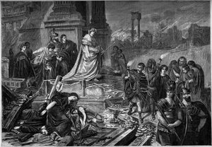64 में रोम में आग के बाद नेरॉन। कार्ल थियोडोर वॉन पायलोटी (1826-1886) द्वारा पेंटिंग के बाद उत्कीर्णन। १३ सितंबर १८६२ के "" ले मोंडे इलस्ट्र्रे"" एन °२८३ में। द्वारा फ्रेंच स्कूल