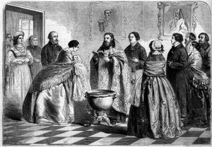 रूढ़िवादी संस्कार - बपतिस्मा: बपतिस्मा समारोह, ग्रीक संस्कार के अनुसार, 1858 में ऊपरी रूसी समाज में। बपतिस्मा में विसर्जित होने से पहले बच्चा अपनी गॉडमदर द्वारा पोप को उपस्थित होता है। ३० अक्टूबर . के n°८१ में "" ले मोंडे इलस्ट्र्रे" में उत् द्वारा फ्रेंच स्कूल