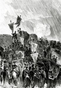 28 अप्रैल, 1870 को फ्रीमेसन द्वारा किलेबंदी पर पसिफ़िस्ट प्रदर्शन, पेरिस के बमबारी को रोकने के लिए, ले मोंडे इलस्ट्रेज़ से, 5 मई, 1870 द्वारा फ्रेंच स्कूल