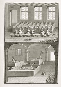 डेनिस डाइडरोट (1713-84) द्वारा एनसाइक्लोपी डेस साइंसेज एट मेटियर्स से पेपर मेकिंग c.1770 प्रकाशित द्वारा फ्रेंच स्कूल