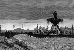 बर्फ के नीचे पेरिस, सर्दी 1879-1880: ठंढ के दौरान प्लेस डे ला कॉनकॉर्ड के फव्वारे में से एक का दृश्य। स्कॉट द्वारा "" द इलस्ट्रस वर्ल्ड" में उत्कीर्णन n°1188 जनवरी 3 द्वारा फ्रेंच स्कूल