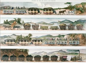 पहले फ्रांसीसी लाइन पर यात्री और मालवाहक ल्यों और सेंट एटिने, 1829 (रंग लिथो) के बीच खोले गए द्वारा फ्रेंच स्कूल
