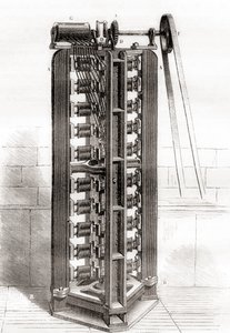 पॉल-गुस्ताव फ्रॉमेन्ट्स वर्टिकल इलेक्ट्रो मोटर, c.1844, Les Merveilles de la Science से, प्रकाशित c.1870 (उत्कीर्णन) द्वारा फ्रेंच स्कूल
