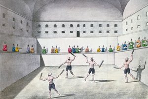 जिम्नेजियम में व्यायाम करने वाले फारसी एथलीट, c.1820 (रंग उत्कीर्णन) द्वारा फ्रेंच स्कूल