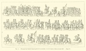 लुई XIV के पेरिस के प्रवेश द्वार पर घुड़सवार सेना के कर्मचारी शैलेट भाग द्वारा फ्रेंच स्कूल