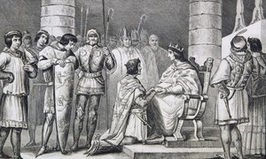 फिलिप VI (1293-1350) डी वाल्इस इंग्लैंड के एडवर्ड III (1312-77) को श्रद्धांजलि देते हैं लेकिन केवल कोलतार द्वारा &39;हिस्टोइरे डी फ्रांस&39; से एक्वायटाइन के ड्यूक के रूप में प्रकाशित, c.1840 प्रकाशित द्वारा फ्रेंच स्कूल