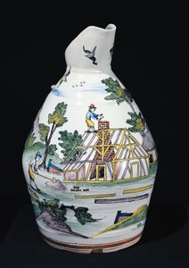 एक इमारत के निर्माण का चित्रण करने वाला पिचर, सिनसेनी, c.1740-50 (फ़ाइनेस) द्वारा फ्रेंच स्कूल