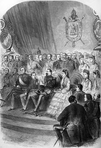 1870 का जनमत संग्रह: नेपोलियन III (1808-1883) को परिणामों की आधिकारिक घोषणा की प्रस्तुति। सम्राट यूजिनी डी मोंटिजो (1826-1920), उनके बेटे प्रिंस इंपीरियल (1856-1879), राजकुमारियों मैथिल्डे बोनापार्ट (1820-1904) और क्लो भी मौजूद हैं द्वारा फ्रेंच स्कूल
