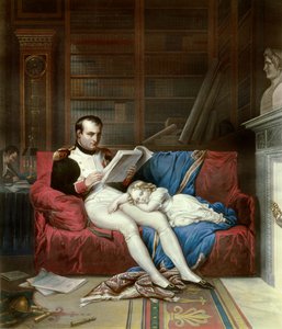 सम्राट नेपोलियन I (1769-1821) और उनके बेटे रोम के राजा नेपोलियन द्वितीय, ड्यूक ऑफ रीचस्टेड (1811-1832) का पोर्ट्रेट उनकी गोद में सोए थे। 19वीं सदी के मालमाइसन की नक्काशी, मुसी डू चेटौ द्वारा फ्रेंच स्कूल