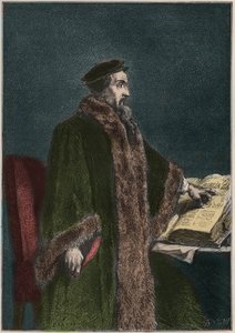 जीन केल्विन (जीन कॉविन) (1509-1564) का पोर्ट्रेट, फ्रांसीसी धार्मिक सुधारक और लेखक - जॉन केल्विन - "" फ्रांस के इतिहास ने मेरे दादा-दादी को बताया "" से उत्कीर्णन - फ्रेंकोइस गुइज़ोट द्वारा - 1872-1876 द्वारा फ्रेंच स्कूल