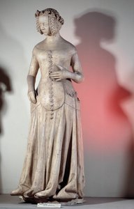 ड्यूक ऑफ बेरी (1340-1416) की पत्नी जीन डे बोलोग्ने का पोर्ट्रेट, पैलेस ऑफ जस्टिस ऑफ पोइटियर्स से 1385 की मूर्तिकला। पेरिस, स्मारकों का संग्रहालय अंग्रेज़ी द्वारा फ्रेंच स्कूल
