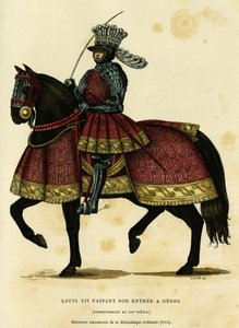 फ्रांस के लुई XII राजा (1462-1515) का पोर्ट्रेट, जो 26 अगस्त 1502 को जीन में प्रवेश करता है। ऑगस्टिन द्वारा "फ्रांस एट लेस फ़्रैंकैस ए ट्रैवर्स लेस सेंचुरी" में राष्ट्रीय पुस्तकालय (1515) की एक लघु पांडुलिपि के बाद रंग उत्कीर्णन चलमेल, एफ. रॉय द्वारा फ्रेंच स्कूल