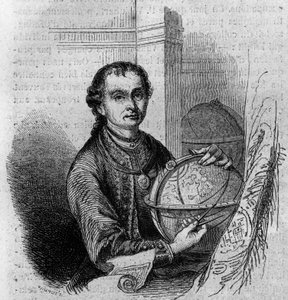 पियरे (पीटर) एनीच (1723-1766), टाइरोलियन खगोलशास्त्री और कार्टोग्राफर का पोर्ट्रेट, एक ग्लोब और एक कंपास पकड़े हुए। "" ले मैगासिन सुरम्य" में उत्कीर्णन द्वारा फ्रेंच स्कूल