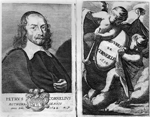 1634 में प्रकाशित पियरे कॉर्निले का पोर्ट्रेट (1606-84) 1644, कॉर्निले की रचनाओं के एक संस्करण के लिए अग्र भाग द्वारा फ्रेंच स्कूल