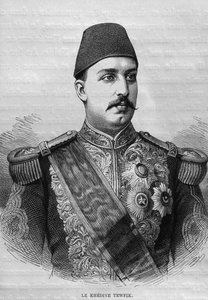 खेडिव तावफिग (1819-92) का पोर्ट्रेट, जॉर्ज मोरिट्ज एबर्स (1837-98) के लिजीए से, 1881 (बीडब्ल्यू उत्कीर्णन) द्वारा फ्रेंच स्कूल