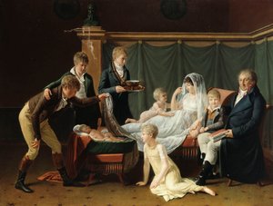 Marquis और Marquise de Cramayel के पोर्ट्रेट और एक इंटीरियर में उनके सात बच्चे, द्वारा फ्रेंच स्कूल