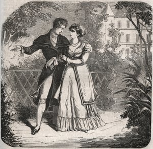वेल्स की राजकुमारी कैरोलिना ऑफ ब्रंसविक (1768-1821) अपने प्रेमी, बार्टोलोमो बर्गमी के साथ चलती हुई। हेनरी डी कॉक (1819-1892) द्वारा "हिस्टोइरे डेस कोकस सेलेब्स" में 1871 से उत्कीर्ण द्वारा फ्रेंच स्कूल