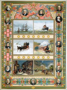 महारानी विक्टोरिया के शासनकाल के दौरान प्रगति (1819-1901)। नौकायन जहाज, स्टीम जहाज, स्टीम ट्रेन और गैस और इलेक्ट्रिक स्ट्रीट लाइटिंग, 1887 द्वारा फ्रेंच स्कूल