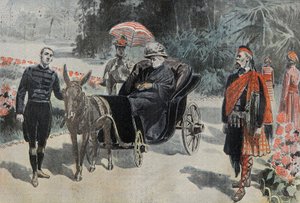प्रोमेनेड डी विक्टोरिया I (1837-1901) इंग्लैंड की रानी, नीस के पास होटल सिमीज़ के पार्क में। "" ले पेलेरिन "" 26/03/1899 में उत्कीर्णन। द्वारा फ्रेंच स्कूल