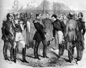 वारसॉ (पोलैंड) में रूसी ज़ार अलेक्जेंडर II (1818-1881) द्वारा फ्रांसीसी सम्राट नेपोलियन III (1808-1873) का स्वागत द्वारा फ्रेंच स्कूल