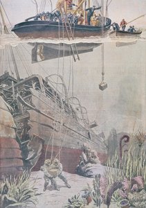 ओशिन के मलबे से खजाने की वसूली, ले पेटिट जर्नल, 1912 से चित्रण द्वारा फ्रेंच स्कूल